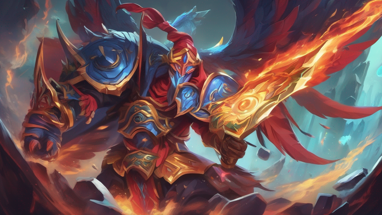 Abstrakcyjne tło z elementami graficznymi Dota 2 w ciemnych kolorach z akcentami czerwieni i niebieskiego