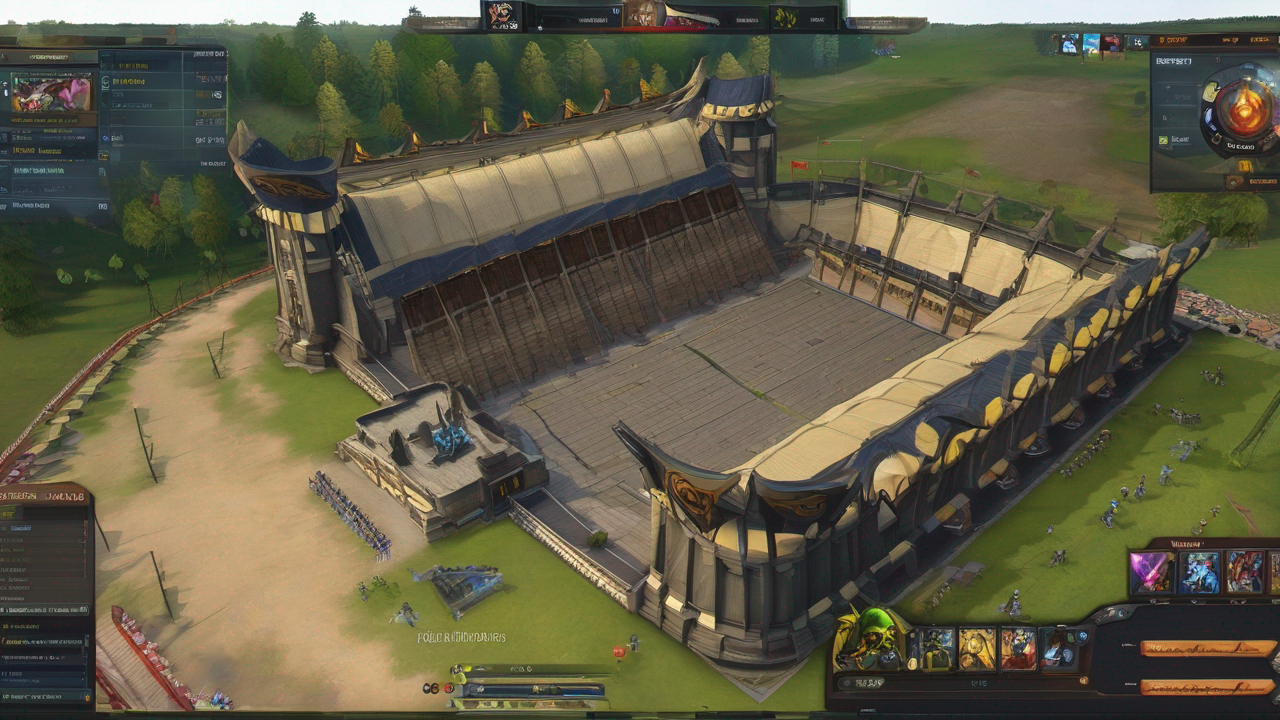 Arena Major turnieju Dota 2 z profesjonalnym setupem dla graczy i ekranami wyświetlającymi rozgrywkę