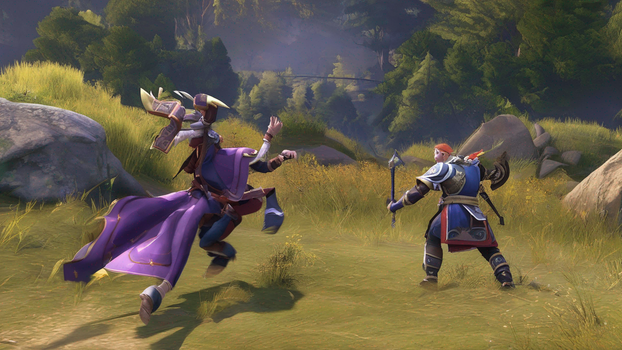 Epicka scena z gry Dota 2 przedstawiająca bohaterów podczas walki z dramatycznym oświetleniem i efektami wizualnymi