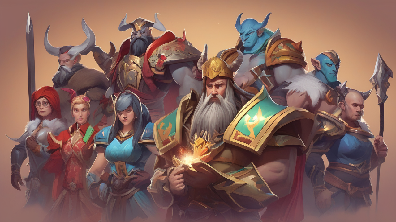 Grupa różnorodnych bohaterów Dota 2 ustawionych w formacji bojowej na tle fantastycznego krajobrazu