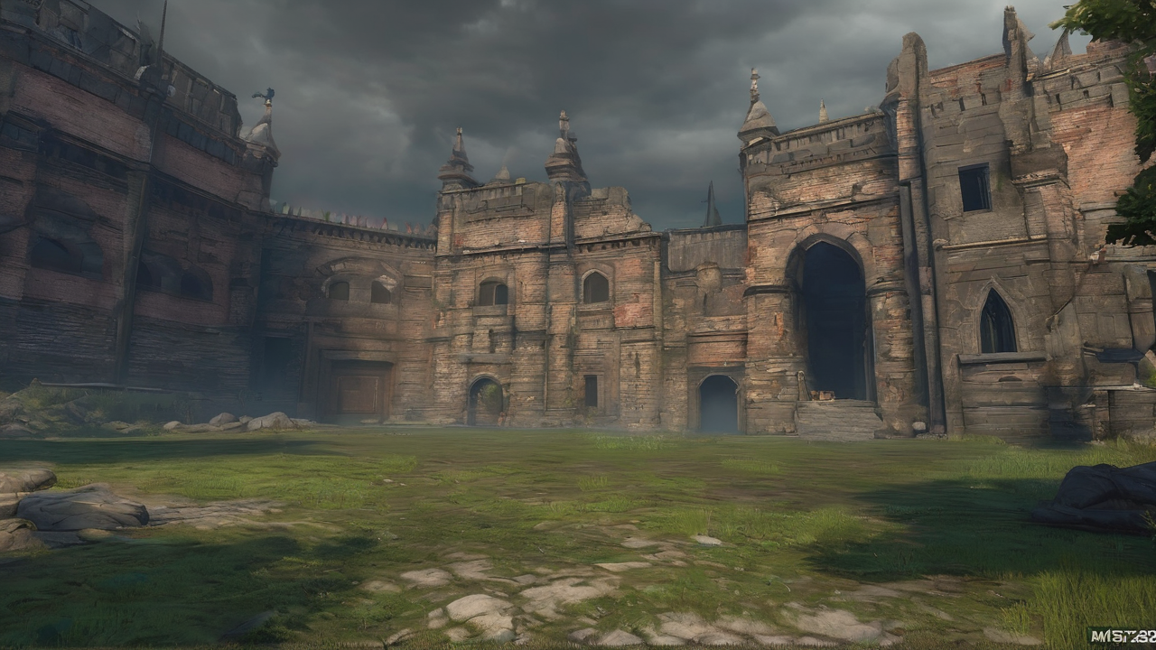 Mistyczna arena Dota 2 z widokiem na Ancient i wieże w dramatycznym oświetleniu z mgłą i magicznymi elementami